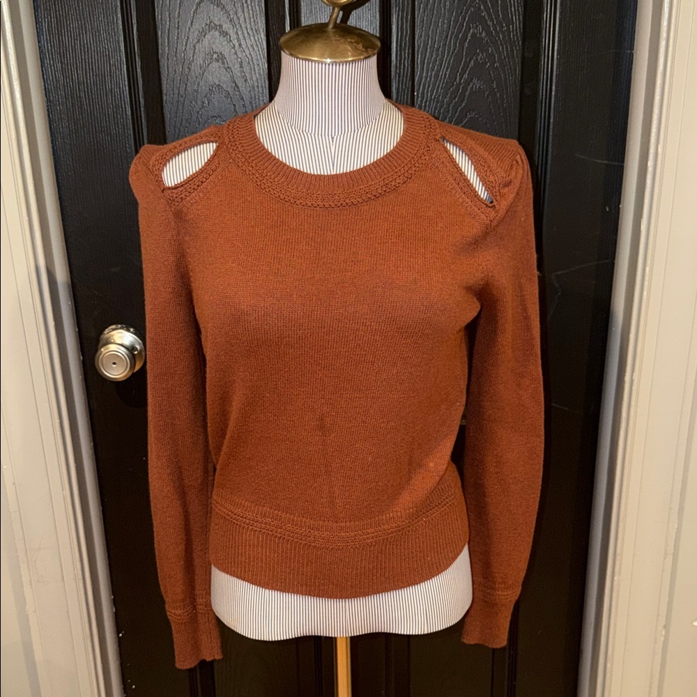 Chelsea Violet Women Sweater Pullover Small Cotton Key Hole Crochet Brown Clay